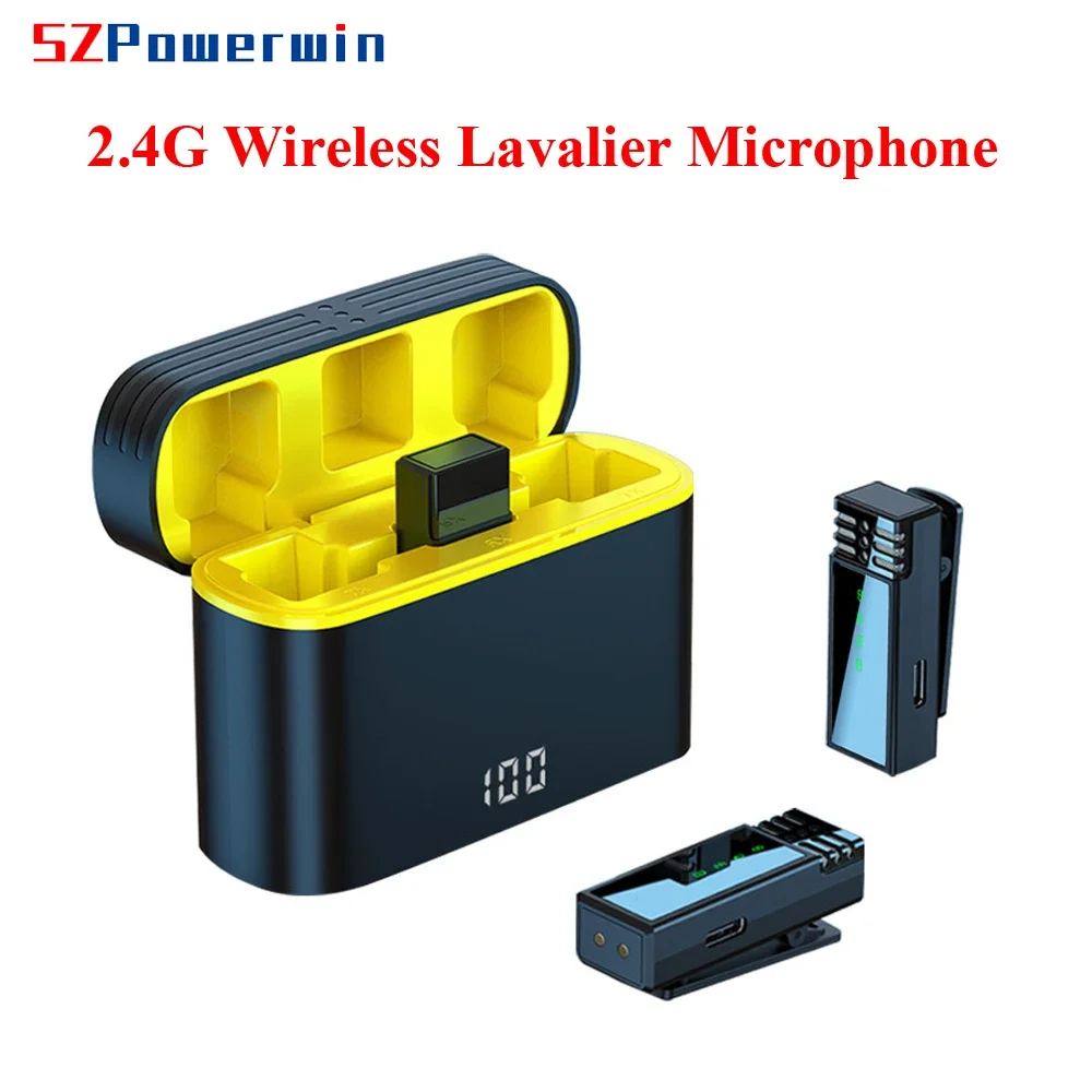 Powerwin 2.4G نظام ميكروفون لاسلكي Lavalier مع علبة شحن لهاتف iPhone Android Mini Clip Lapel Live Stream