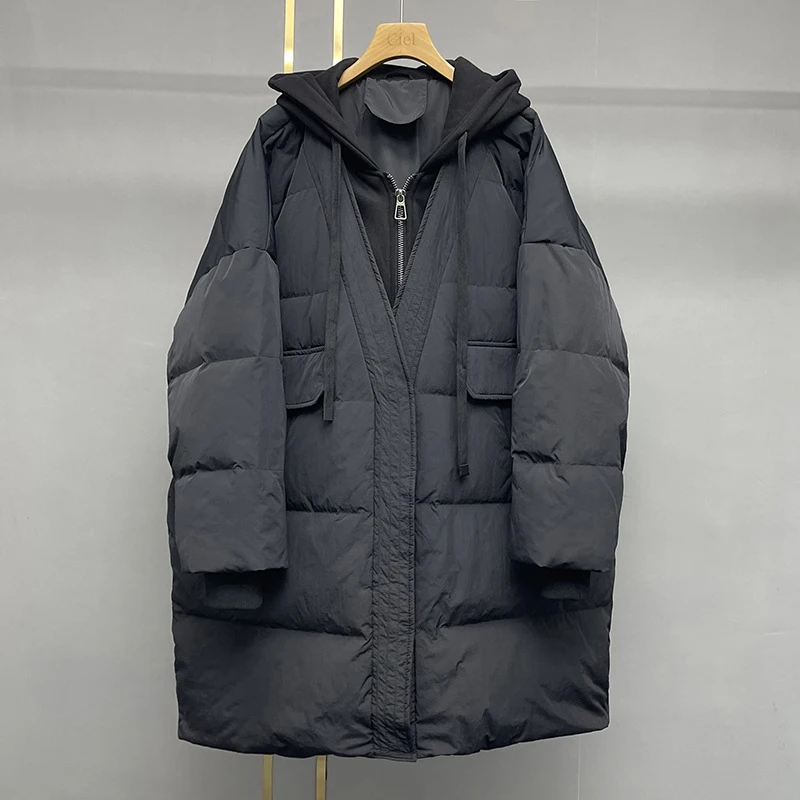 Schinteon feminino pato branco para baixo sobre tamanho jaqueta outono inverno quente casual outwear com capuz falso duas peças retalhos casaco 2023