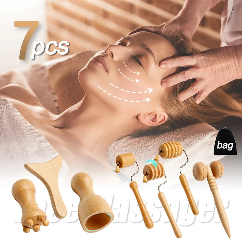 Masajeadores faciales Gua Sha, herramientas de terapia de madera, Kit de masaje meridiano, rodillo de Lifting Facial, raspador de Maderoterapia