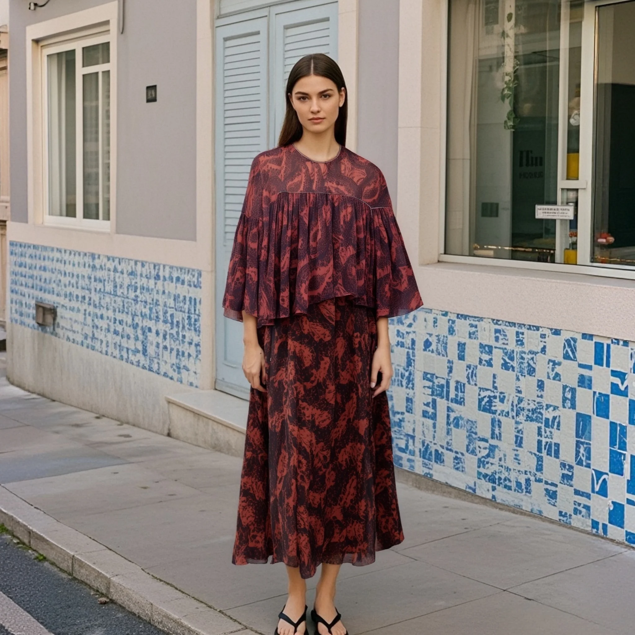 

2025 Ladies Two - piece Set with Flutter - sleeved Top and Long Skirt with Matching Pattern for Daily and Special Occasions