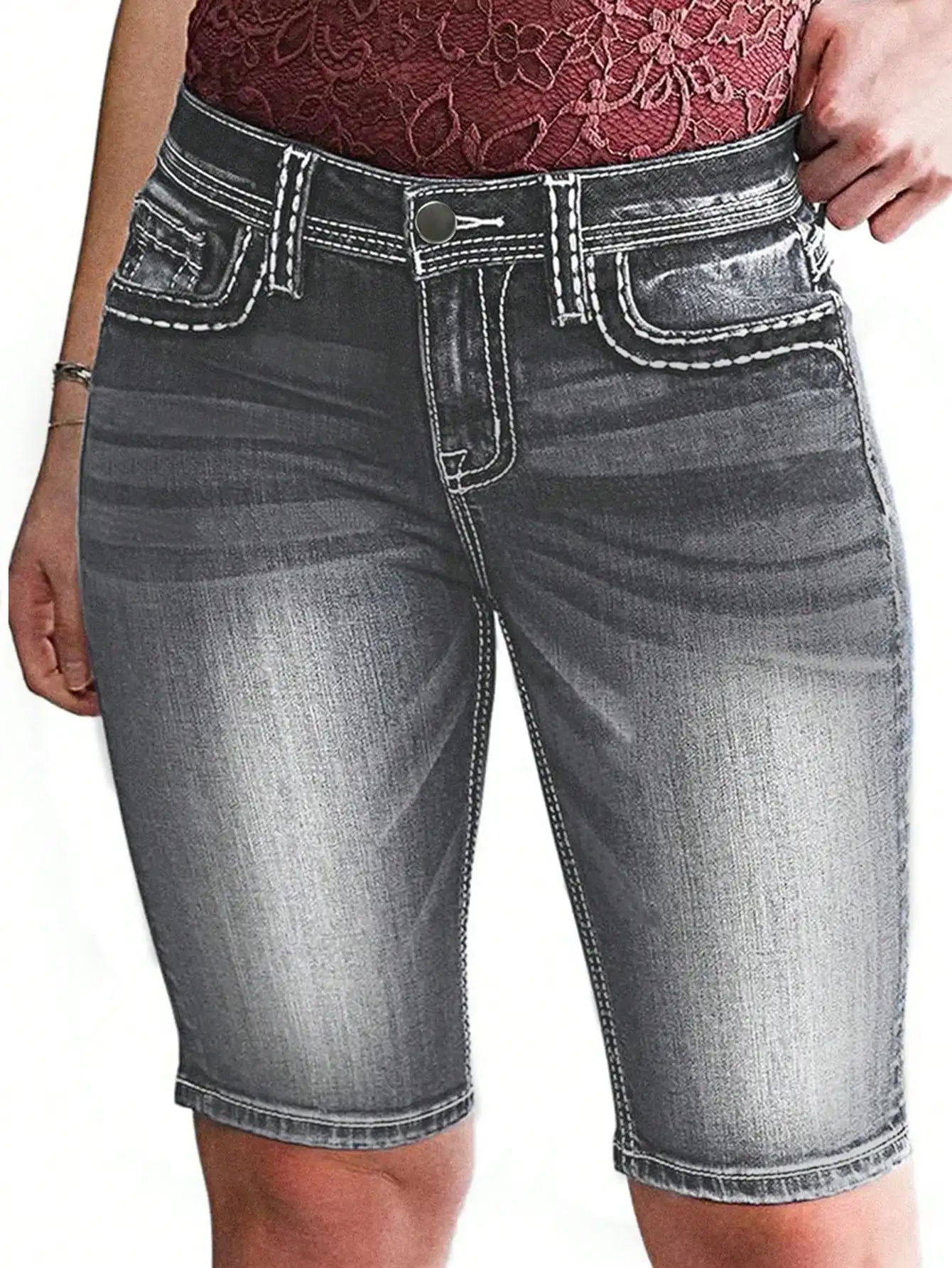 

Women's High-Waisted Slim Fit Denim Bermuda Shorts Vintage Gray Wash Classic Stitch Design Cotton Blend Casual Summer Jeans