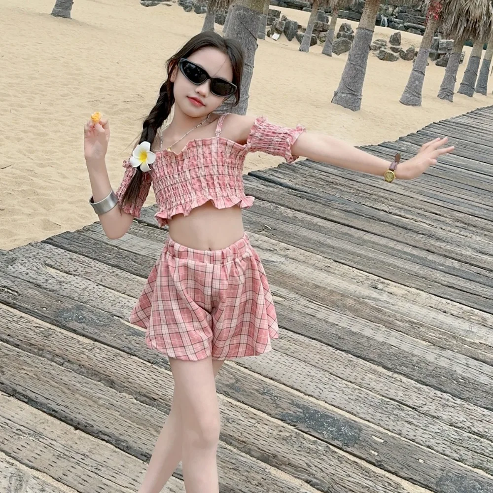 

Girls Suits Korean Style 2024 Summer New Plaid Off Shoulder Shorts Fashion Cute Sweet Design Gentle Summer Children Suit