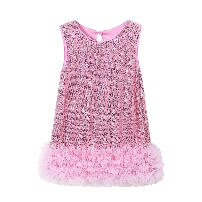 Robe à paillettes pour filles, sans manches, moelleuse, pour l'été, robes de bal d'anniversaire, robe de soirée, costumes pour enfants