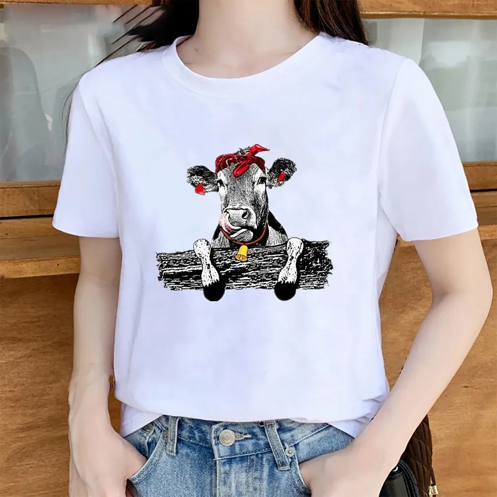 

Animal Print Bull Head Women's Round Neck Short Sleeve T-shirt Heifer Animal Print Women's T-shirt Aesthetic Clothes