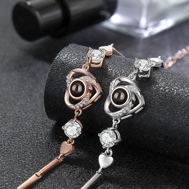 925 Silver Melon Seed Chain Love Zircon Photo Projection Bracelets Picture Pendant Heart Bracelet Bff Karkoto Valentine's Gift