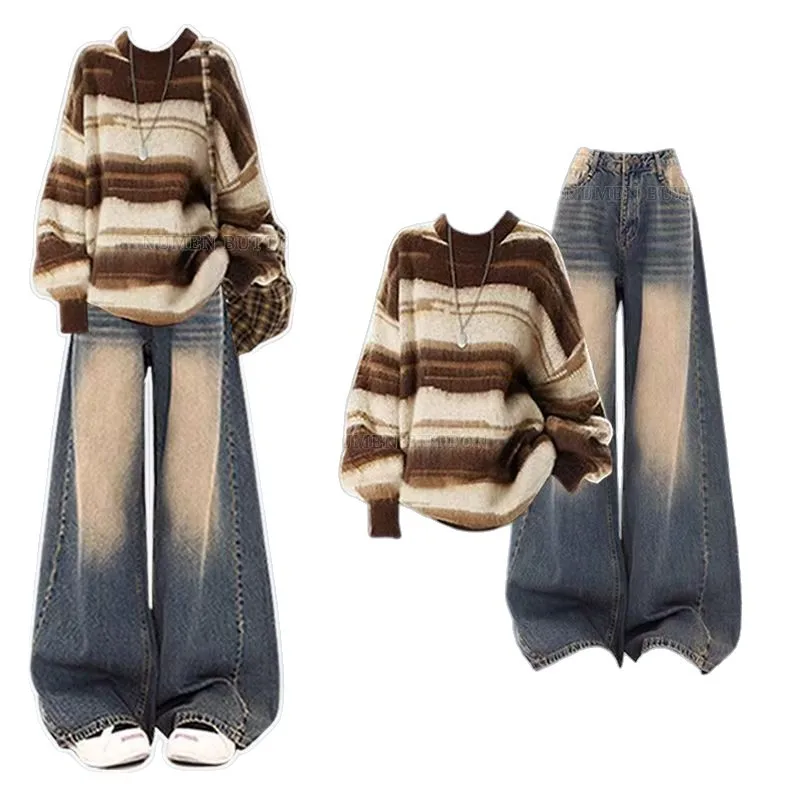 春と秋のセット レディース ファッション 年齢を若く見せる ストライプ柄 ニットセーター カジュアル 細見えジーンズ ツーピースセット