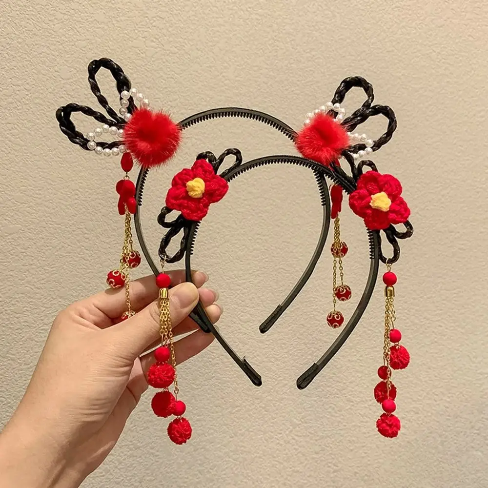 Cute Flower Children Wig Headband Tassel Tang Suit Hair Hoop Hanfu Hair Sticks Braid Hair Baby Headwear Red Bow Hairband Girls