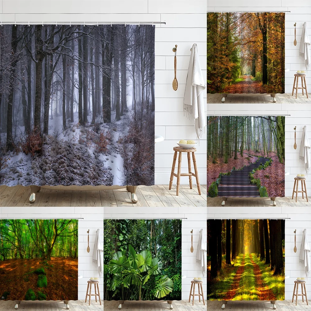 

Winter Forest Tree Shower Curtains Waterproof Bath Curtain Natural Scenery Snow Scene for Bathroom Home Decor Screen with Hooks