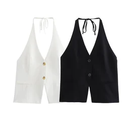 Willshela Women Fashion Solid Single Breasted Backless Bandage Tops Vintage Halter Neck Sleeveless Female Chic Lady Tops