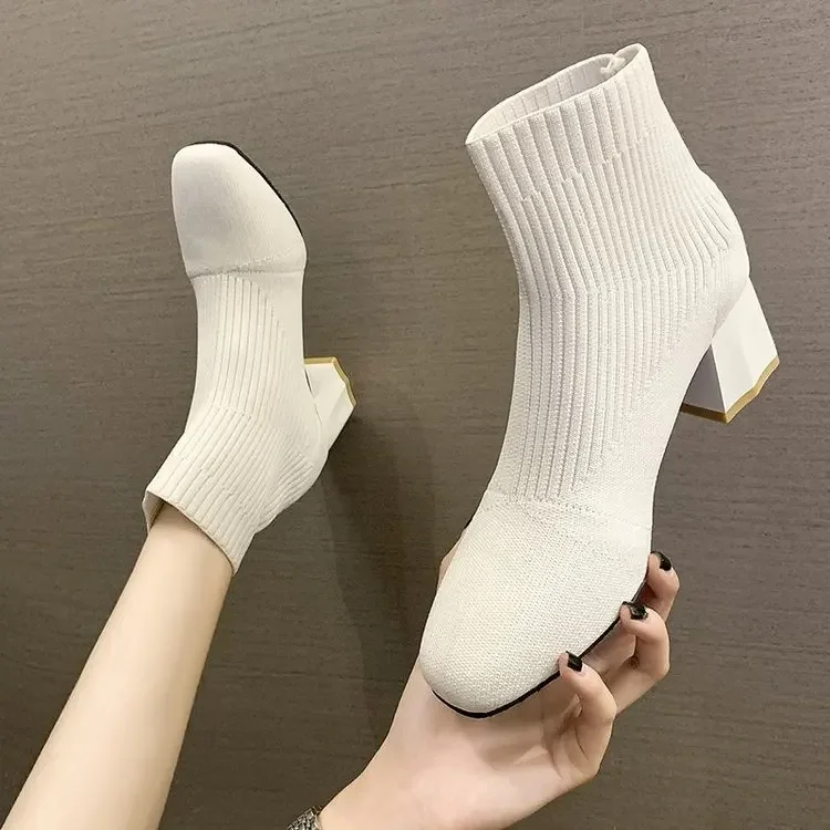 Stretch  Sock Boots For Women Shoes Square Heel Yellow Knitting shoes Elastic Cottton Boots Lady Footwear