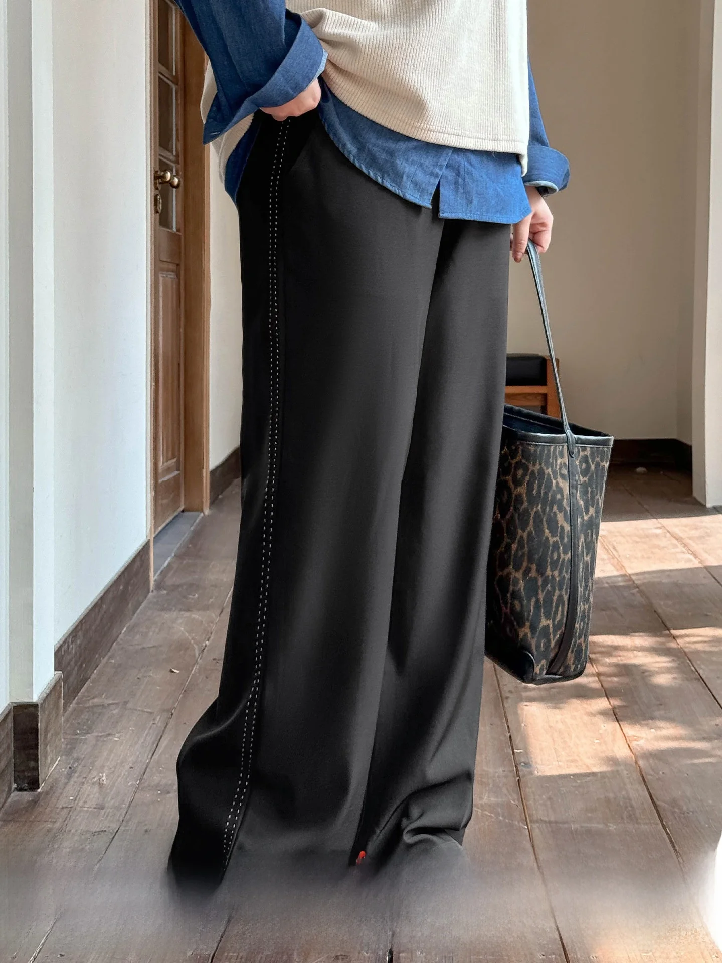 

Широкие брюки с высокой талией, повседневные свободные футболки с эффектом похудения, корейская версия, полиэфирное волокно