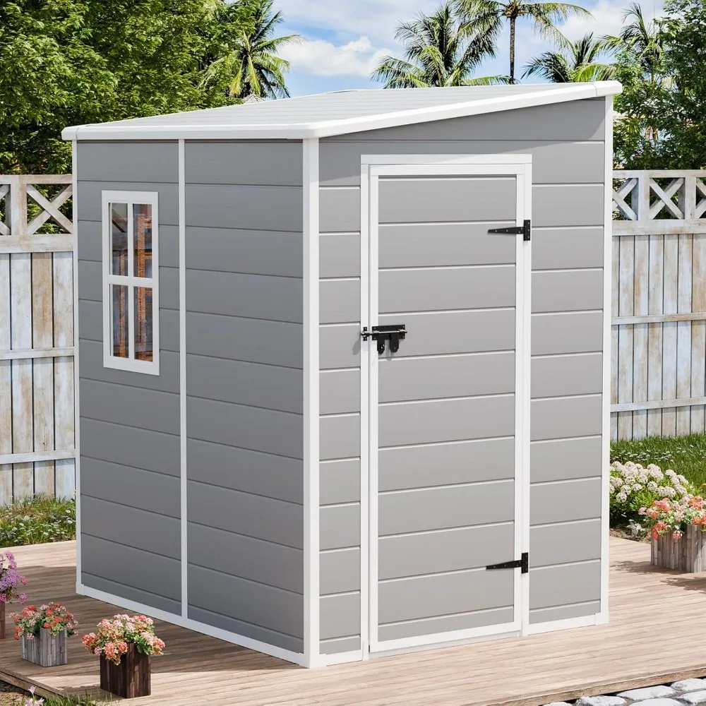 

Outdoor Storage Shed 5x4 FT, Resin Outside Sheds Storage with Floor, Window & Lockable Door Included, Gray Tiny Tool House, Gray