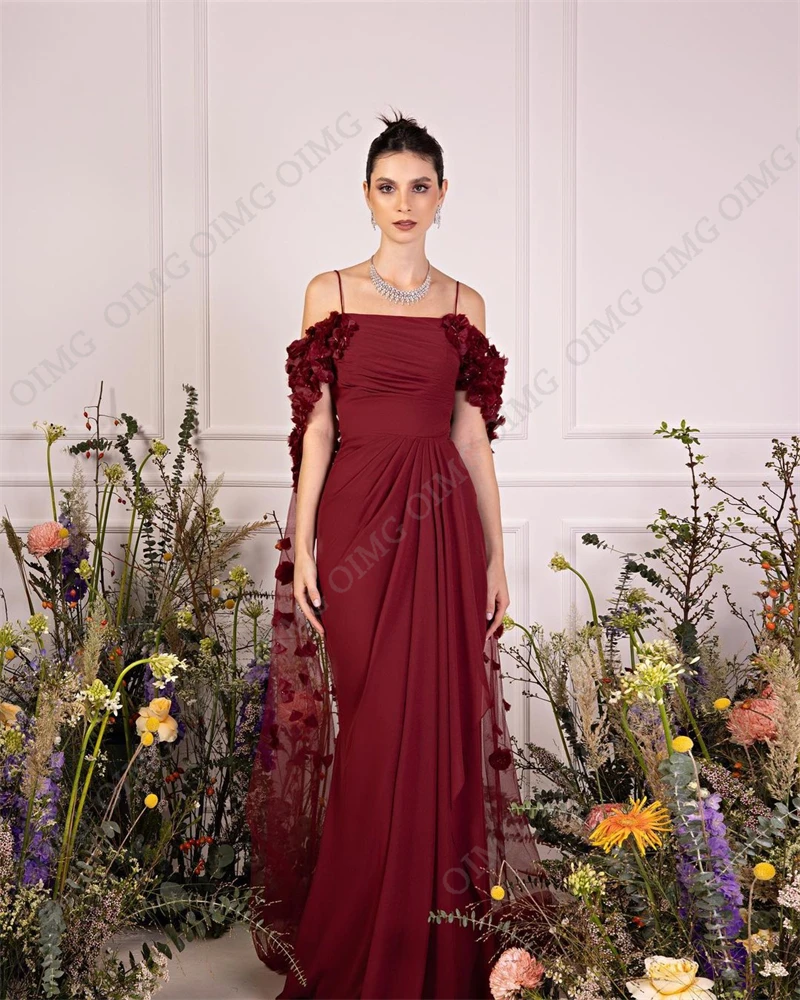 Dunkler Wein rote Blumen Abendkleid schwarze Spitze von der Schulter Ballkleider Spaghetti träger formale Hochzeits feier Kleid für die Graduation