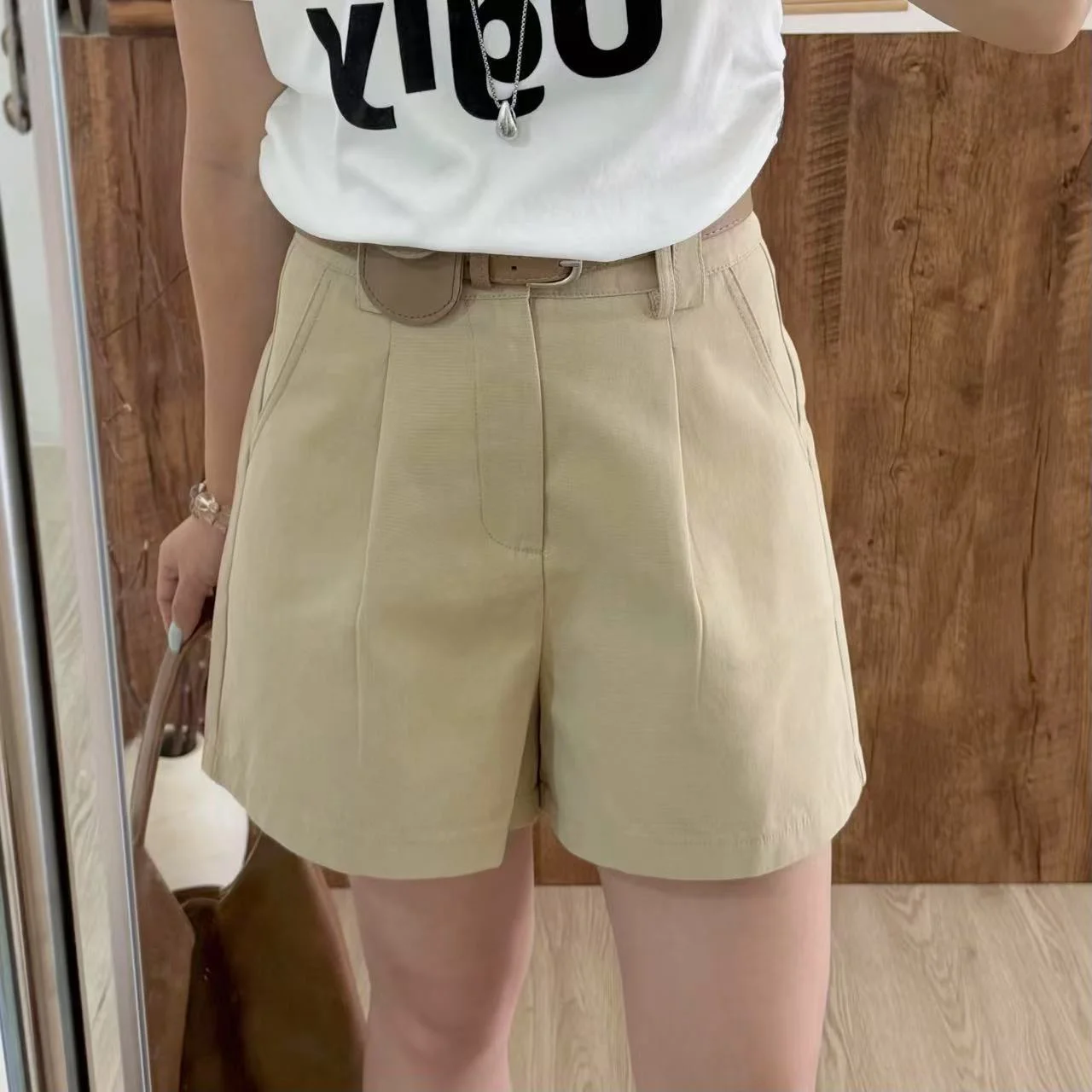 

High Waist Casual A-Line Workwear Shorts LANJIANG Khaki Summer Loose Fit Comfortable Short Pants Straight Leg Commuter Style