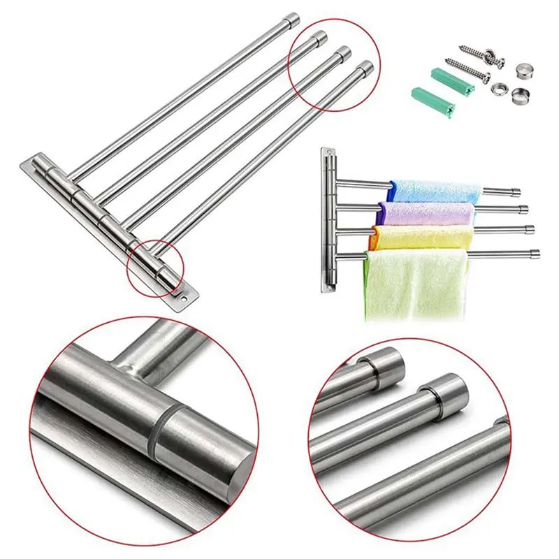 【LIMITED TIME DISCOUNT】2X Wall Mounted Swing Towel Bar - Stainless Steel Bath Towel Rod 4-, Bathroom/Kitchen Swivel Towel Rac