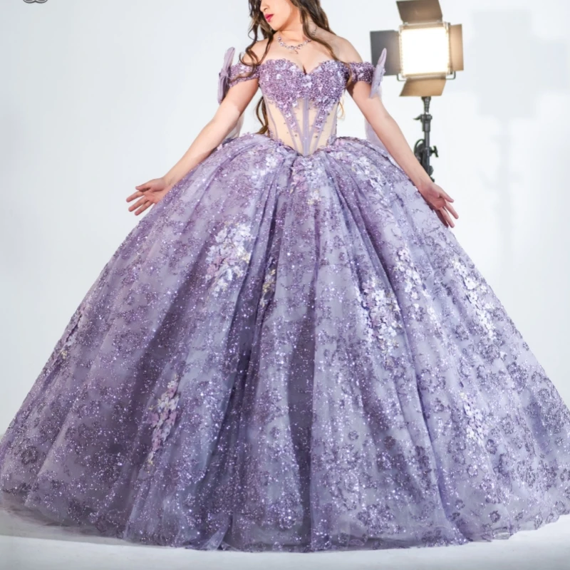 Lavender Glitter Quinceanera Dresses Off Shoulder Ball Gown Sweet 16 Dress Applique Lace Beading Tull Corset Birthday Vestidos