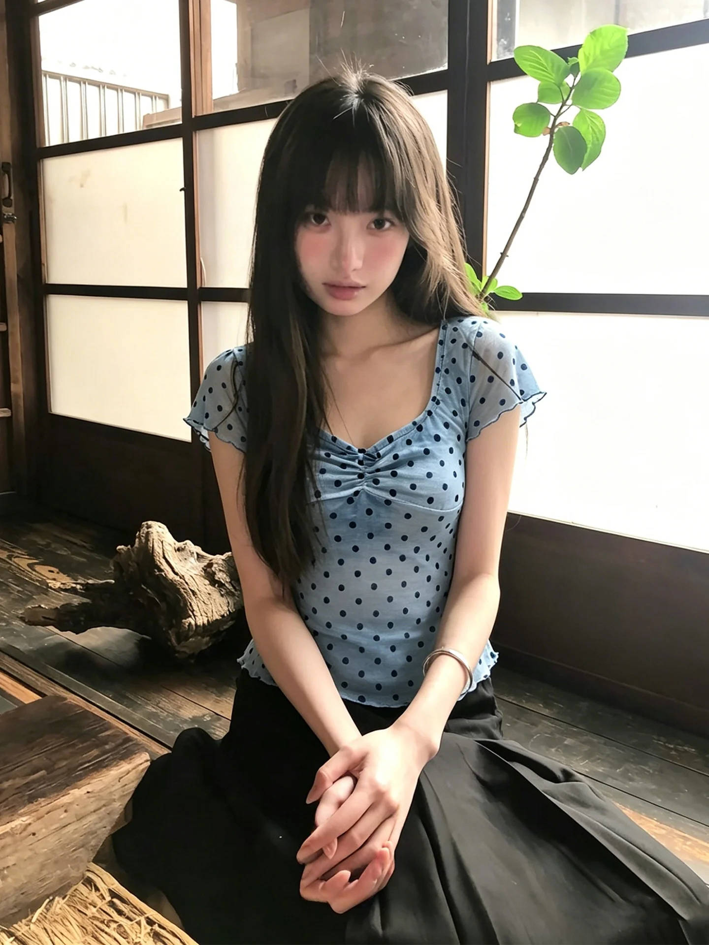 

Blue Polka Dot Short Sleeve Women's T-Shirt Slim Fit V-Neck Summer Casual Style Creative Print Comfortable Breathable Tee