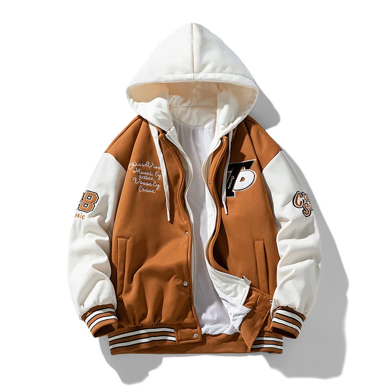 Casual Embroidery Mens Trendy Fake Two-Piece Hooded Bread Suit Couple Padded Jackets And Coats Hip Hop Hooded Baseball Uniform