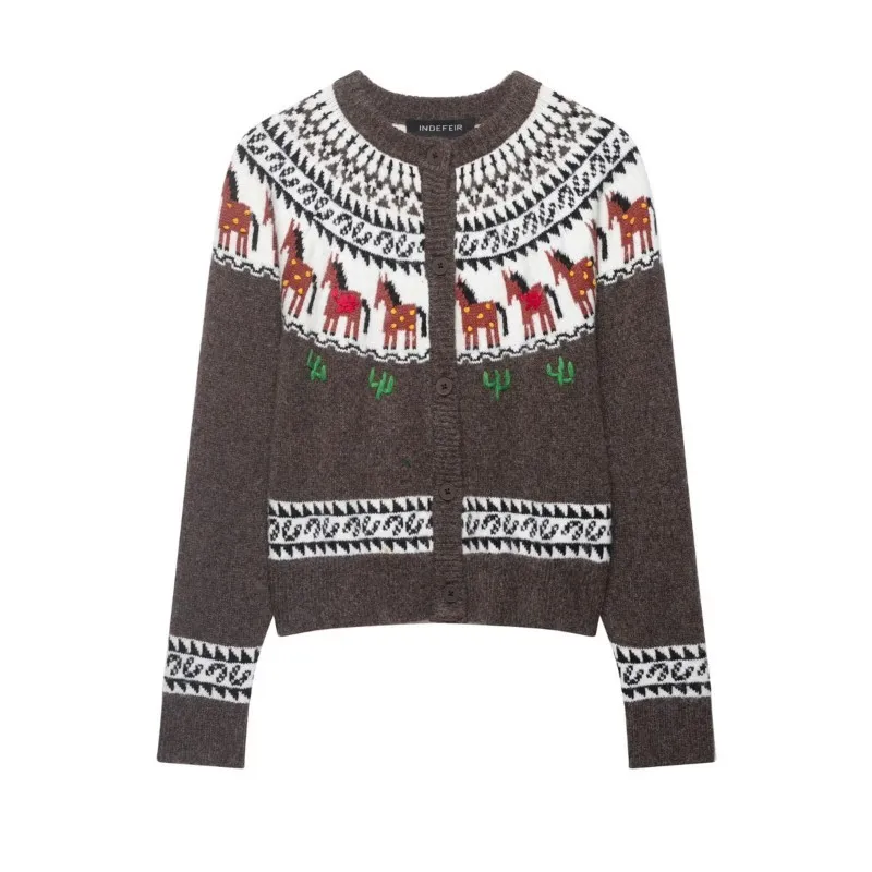 

Women's Jacquard Knitted Cardigan Spring Casual Round Neck Long Sleeve Single Breasted Sweater Fashion Female Vintage Tops