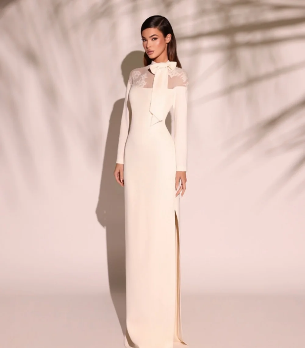 

Customized Jersey Lace Bow High Collar Straight Long Dresses Bespoke Occasion Wedding Party Fashion Exquisite Formal