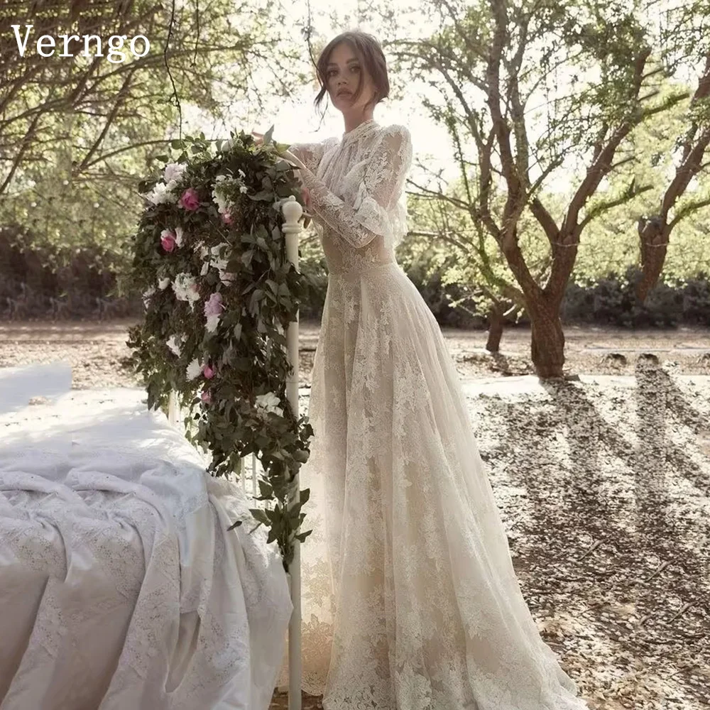

Verngo Luxury Lace Evening Dress High Neck Full Sleeves A Line Tiered Prom Gowns Modest Prom Formal Occasion Dresses Customized