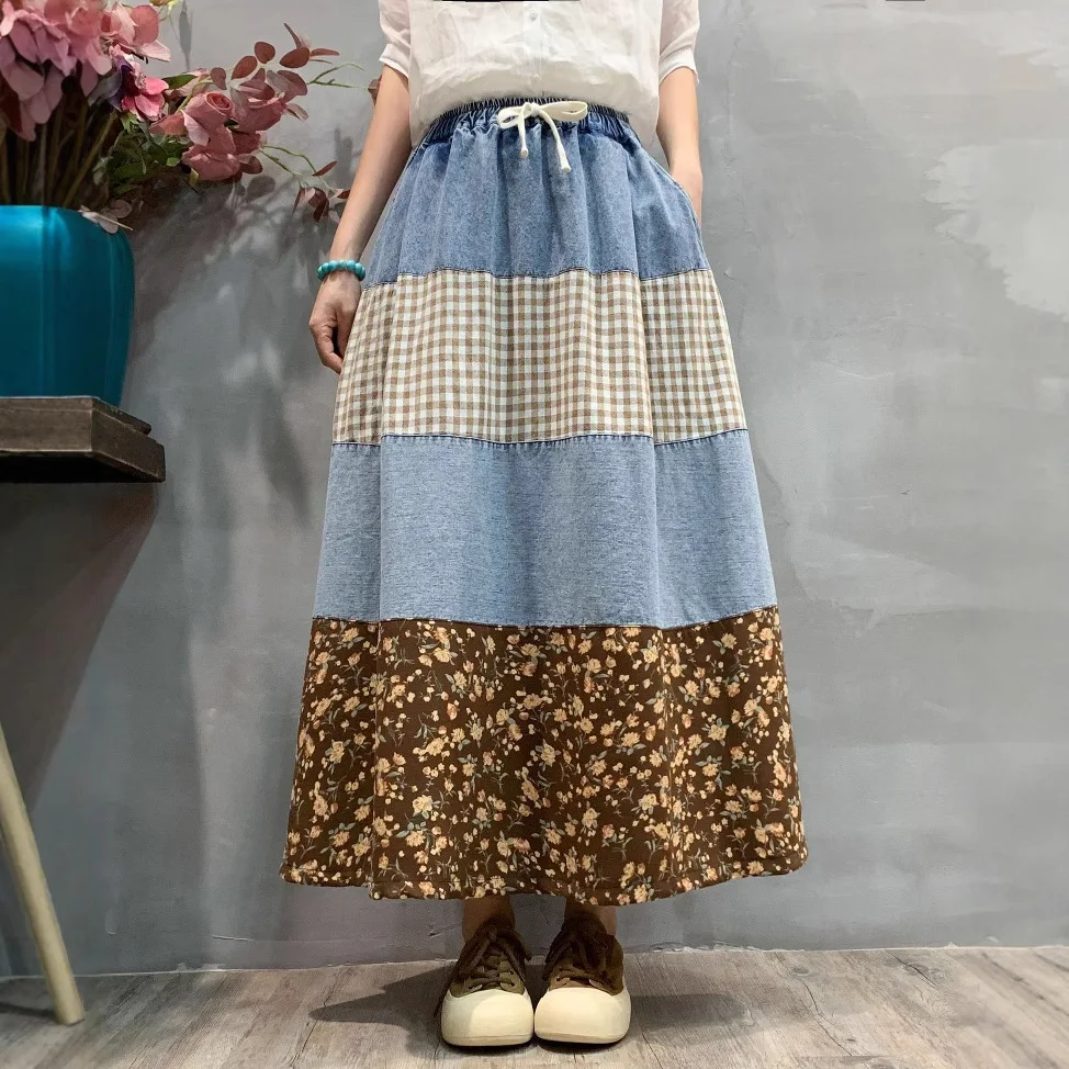 Japanese Vintage Mori Girl Floral Print Denim Patchwork Cotton Skirts Women Summer Elastic Waist Casual Loose A-Line Skirts