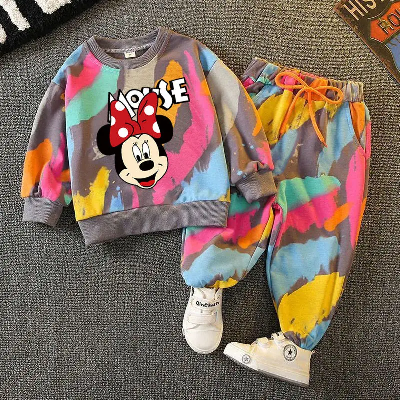 Meisjes en jongens lente herfst kleding Minnie volledige print sweatshirt + broek 2 stuks casual sport nieuwe kinderen cartoon lange mouwen pakken