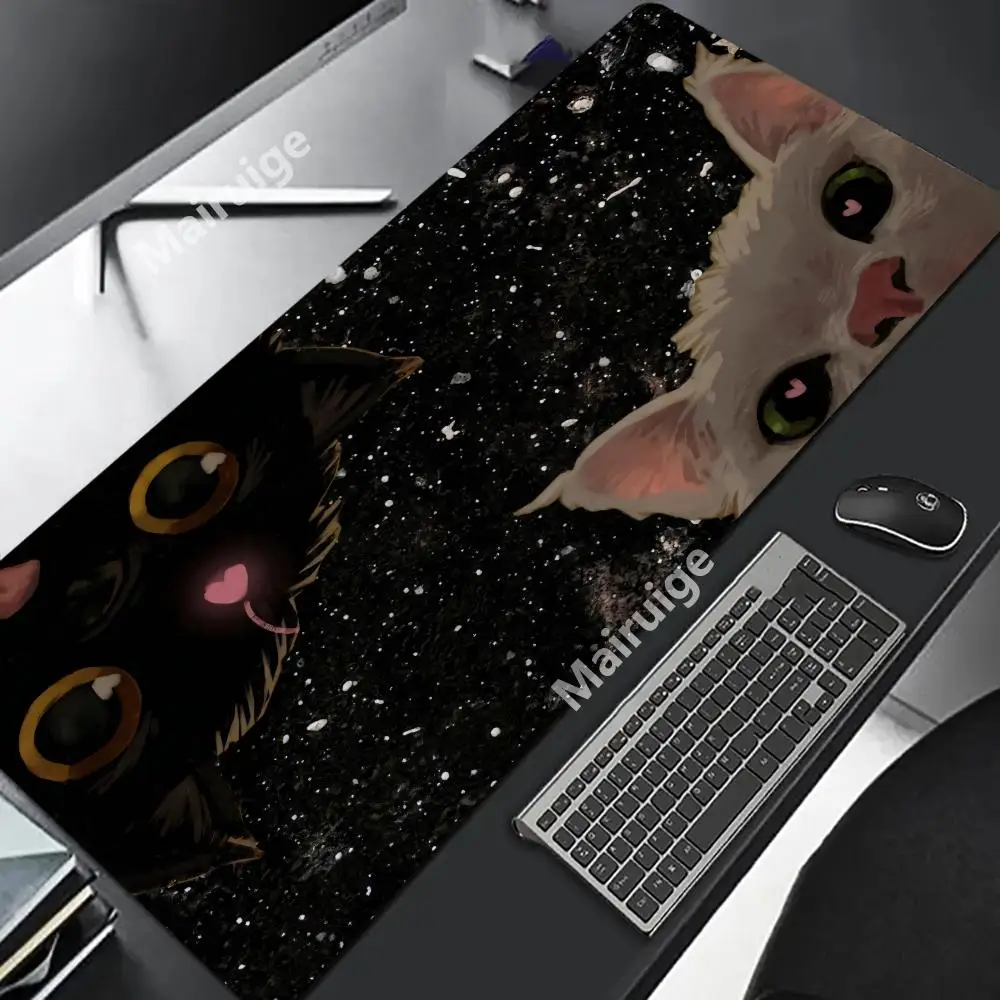 Alfombrilla de ratón de gato negro, alfombrilla de ratón grande, alfombrilla de ratón Kawaii en blanco y negro, accesorios de oficina para ordenador, alfombrilla de escritorio personalizada de 90x40