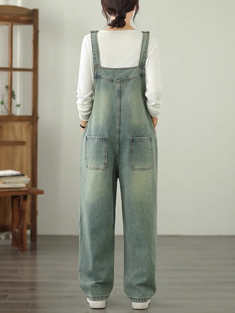 Overall Denim Tertekan Retro Modis untuk Wanita 2025 Jeans Tren Jumpsuit Kaki Lurus Longgar Ukuran Besar Musim Gugur W443