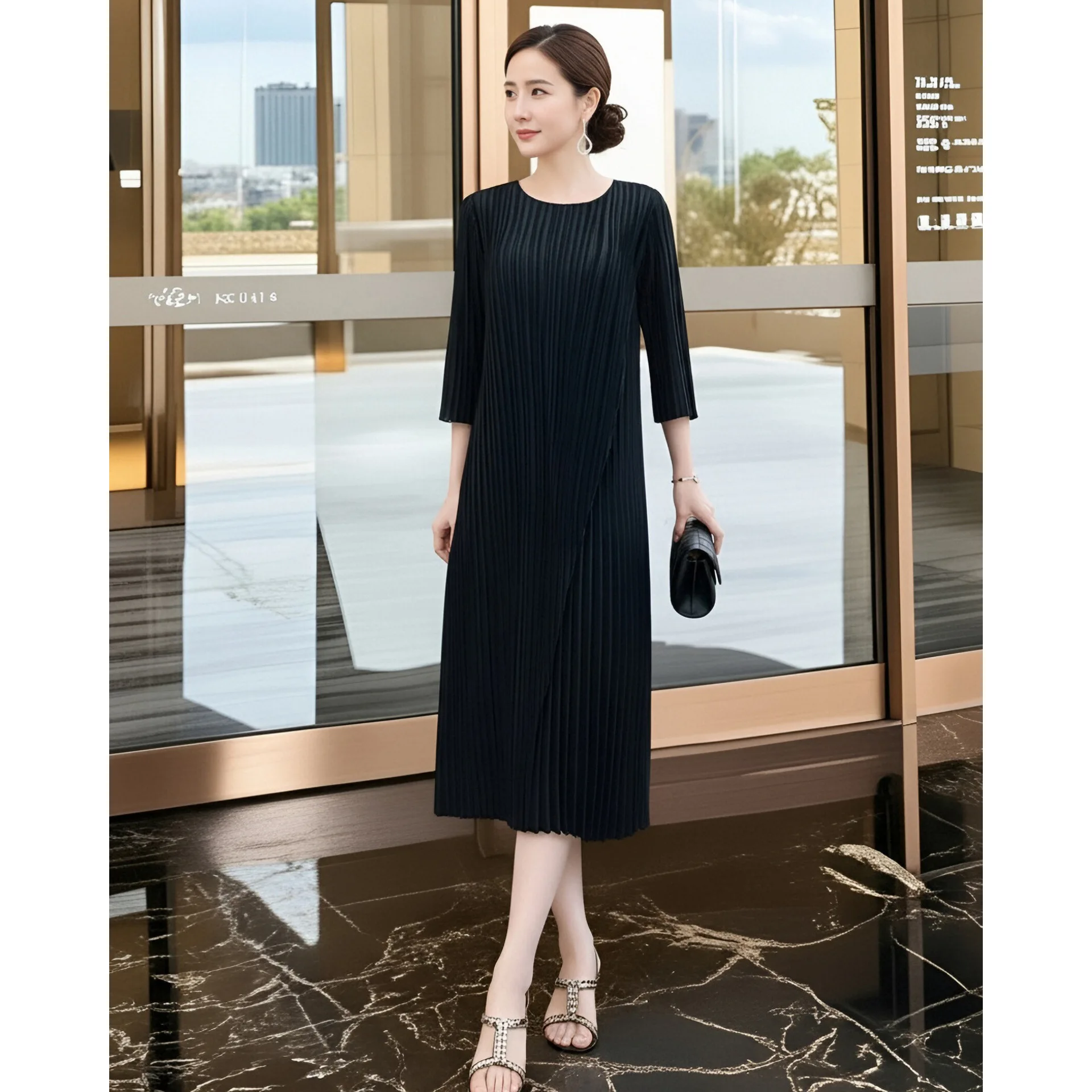 Miyake-vestido Irregular para mujer, Color sólido, elegante, cuello redondo, mangas tres cuartos, cintura suelta, falda acampanada de longitud media