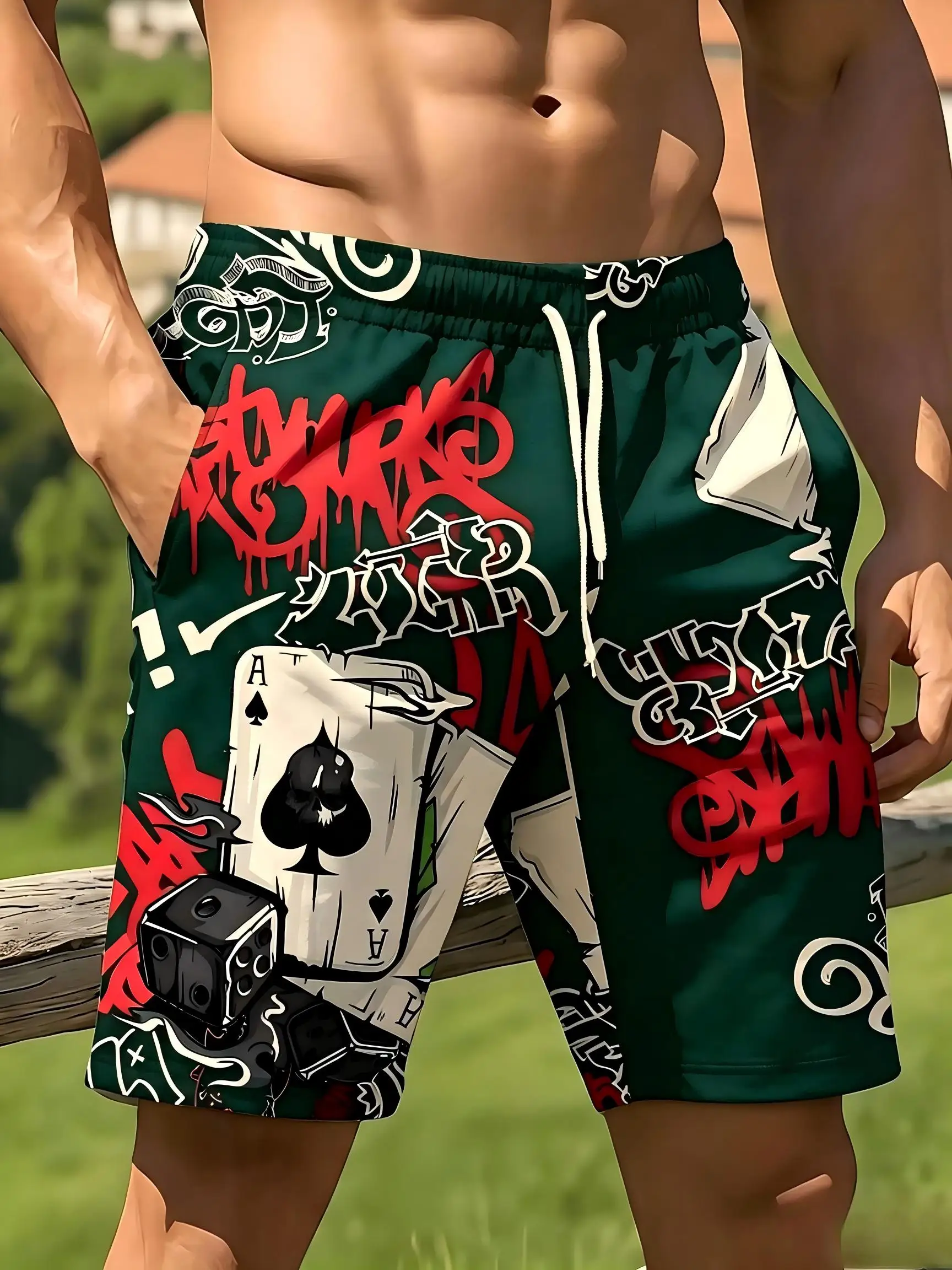 American style new men's summer poker letter graffiti print soft and breathable drawstring shorts outdoor street style pants