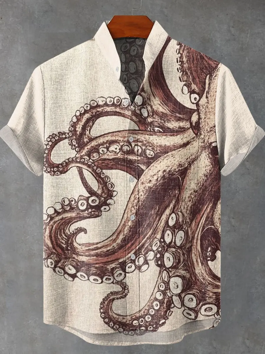 Men's hot selling summer casual fashion giant octopus pattern printed linen short sleeved shirt men's trendy button top