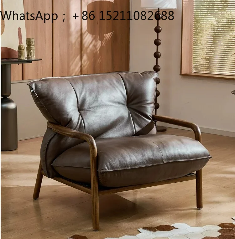 SCY retro solid wood leather single sofa chair living room high-end casual cowhide sofa single chair