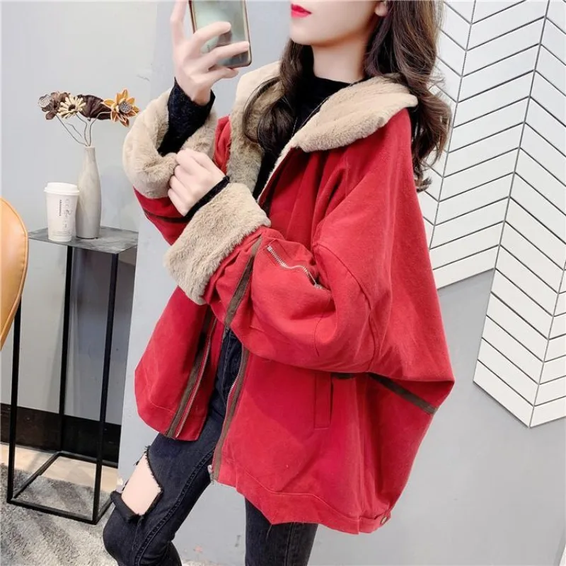 

Casual Jacket Fleece Thickened Tooling Parker Women's 2025 Autumn Winter Coat Short Loose Sweater Collar Cotton-padded Clothes