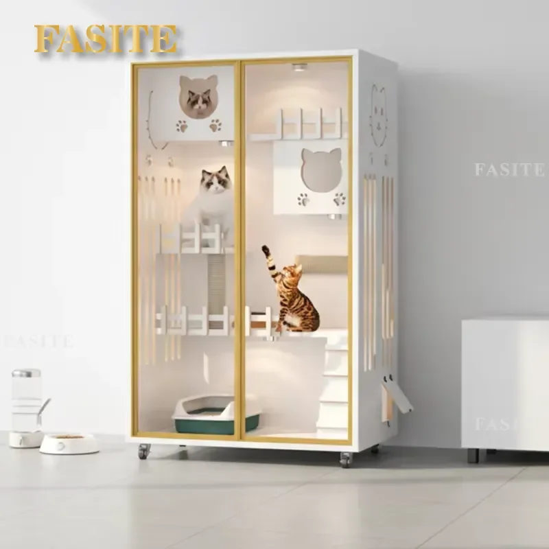 For Cat Three Story Luxury Solid Wood Villa Animal Pattern Closed Cage Large Capacity Indoor Pet House Furniture