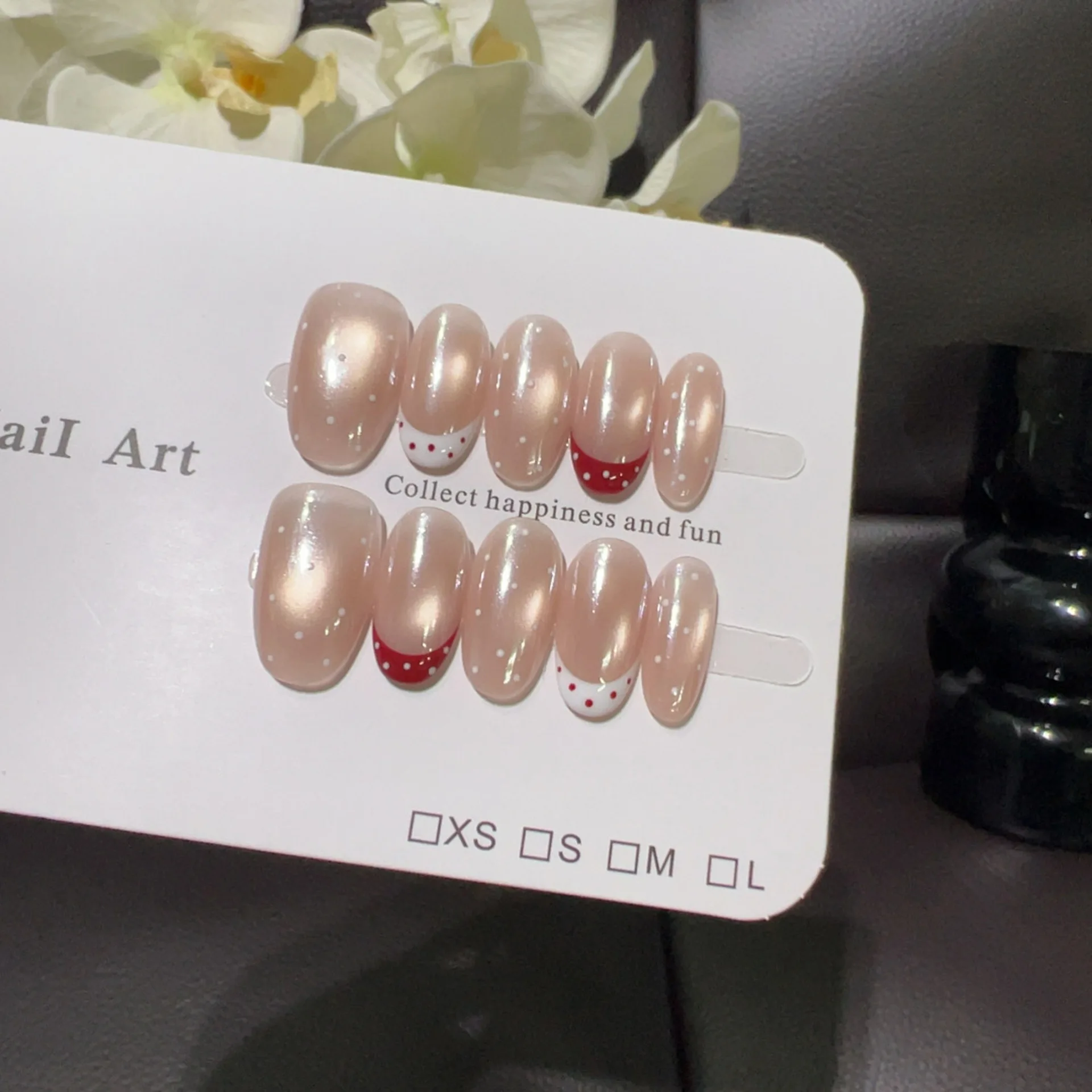 

10pcs Handmade Short Oval Press On Nails Shiny Cat Eye Polka Dot French Design Gentle Fake Nails Wearable Nails Art Tips Girls