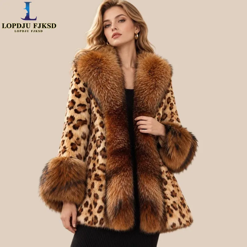 Faux Fur Coats for Women,Faux Fox Fur Collar Jackets,Leopard Print Overcoat,Female Clothes,New,Autumn and Winter