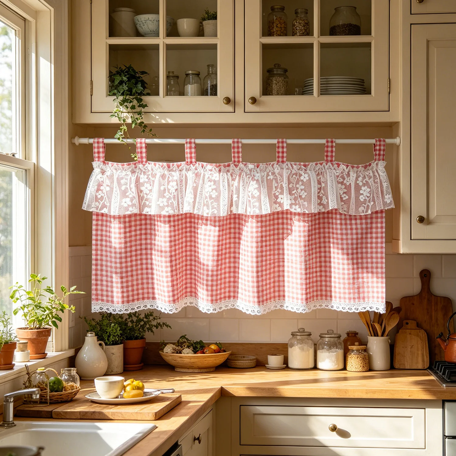 Farmhouse Pink Plaid Floral Ruffled Curtain with Tab Top, Vintage Check Short Valance Curtain for Kitchen Sink Cabinet Decor