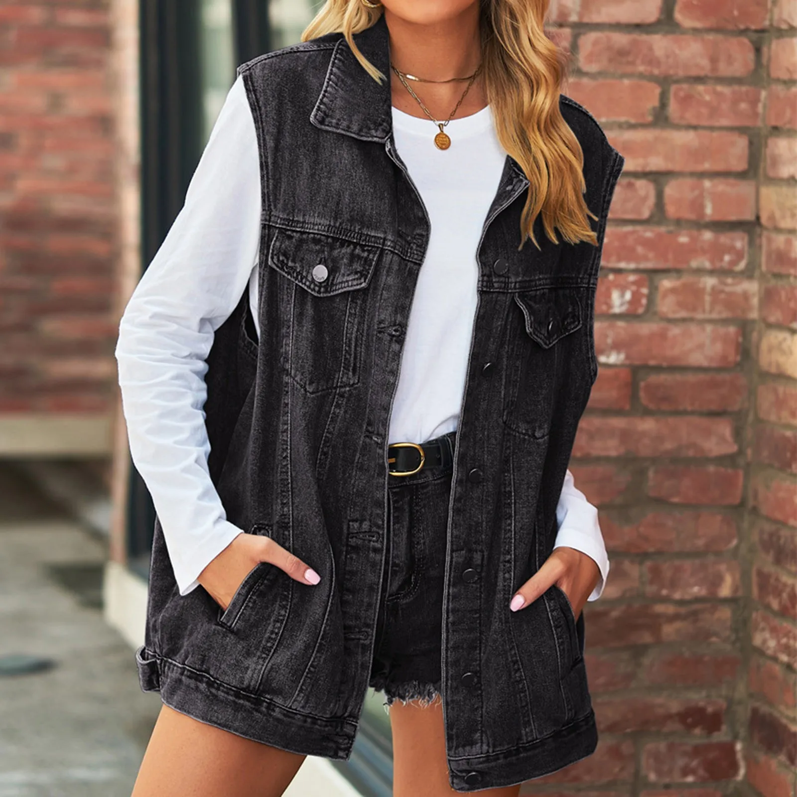 Mittellange Damen Jeans Weste Mantel Mode Turn Down Kragen Button Down Oberbekleidung Weste Damen ärmellose Mantel Jeans jacke