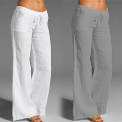 Summer Oversized Wide Leg Pants Women Vintage Cotton Linen Palazzo Fashion Long Trousers Casual Elastic Waist Solid Pantalon 5XL