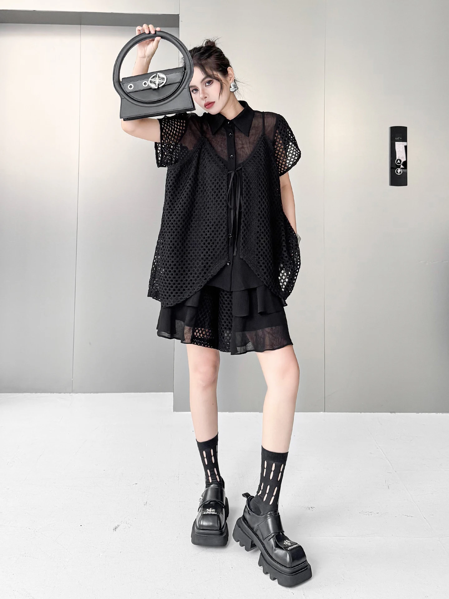 Dark Lace Hollow out Women's Summer Shirt Shorts Two-Piece Set Loose Fit Fashionable Ensemble Short Sleeve Button-Up Top