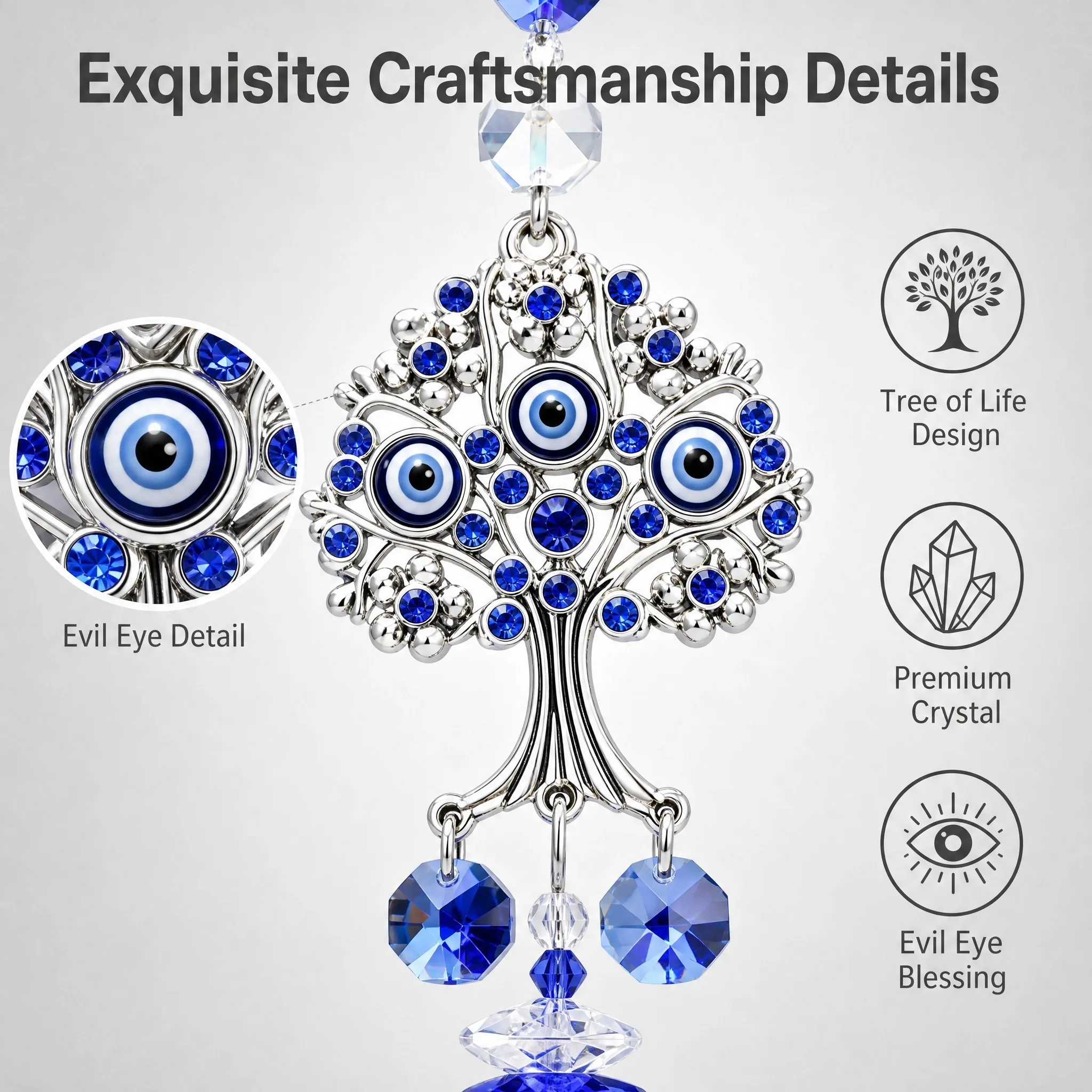 Tree of Life Nazar Crystal Suncatcher 76.4g Zinc Alloy Filigree Blue Eye K9 Prism Rainbow Maker Window Hanging Ornament Gift