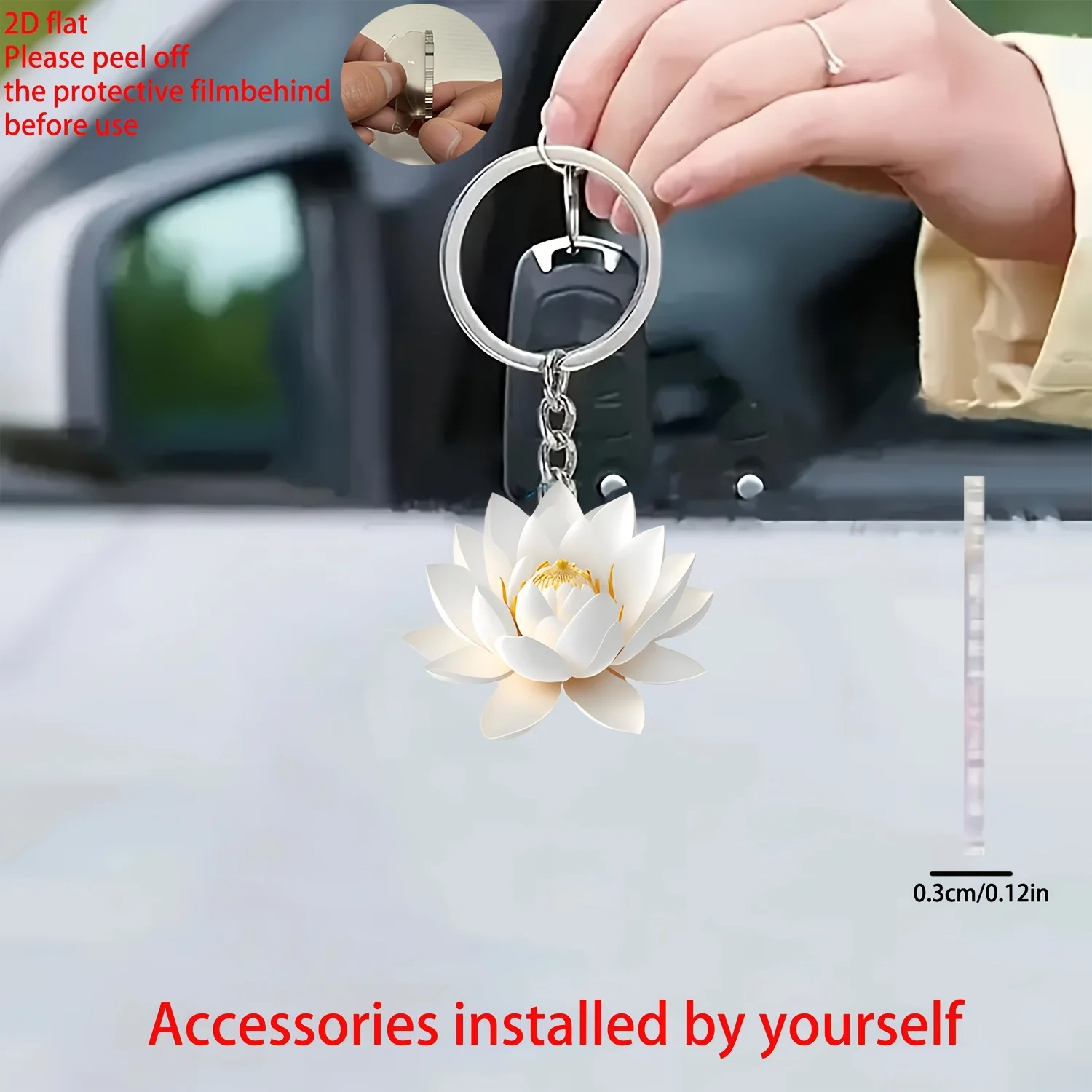Porte-clés Lotus blanc 2D, pendentif élégant, ornement plat suspendu en acrylique pour cadeau, sac à dos, clés de voiture, décoration de maison, fête