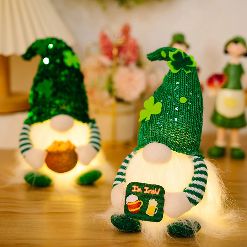 29cm Led Light Up Irish Gnomes Luminous Saint Patrick Green Clover Faceless Doll St Patrick\'s Day Gnome Pendant Home Decoration