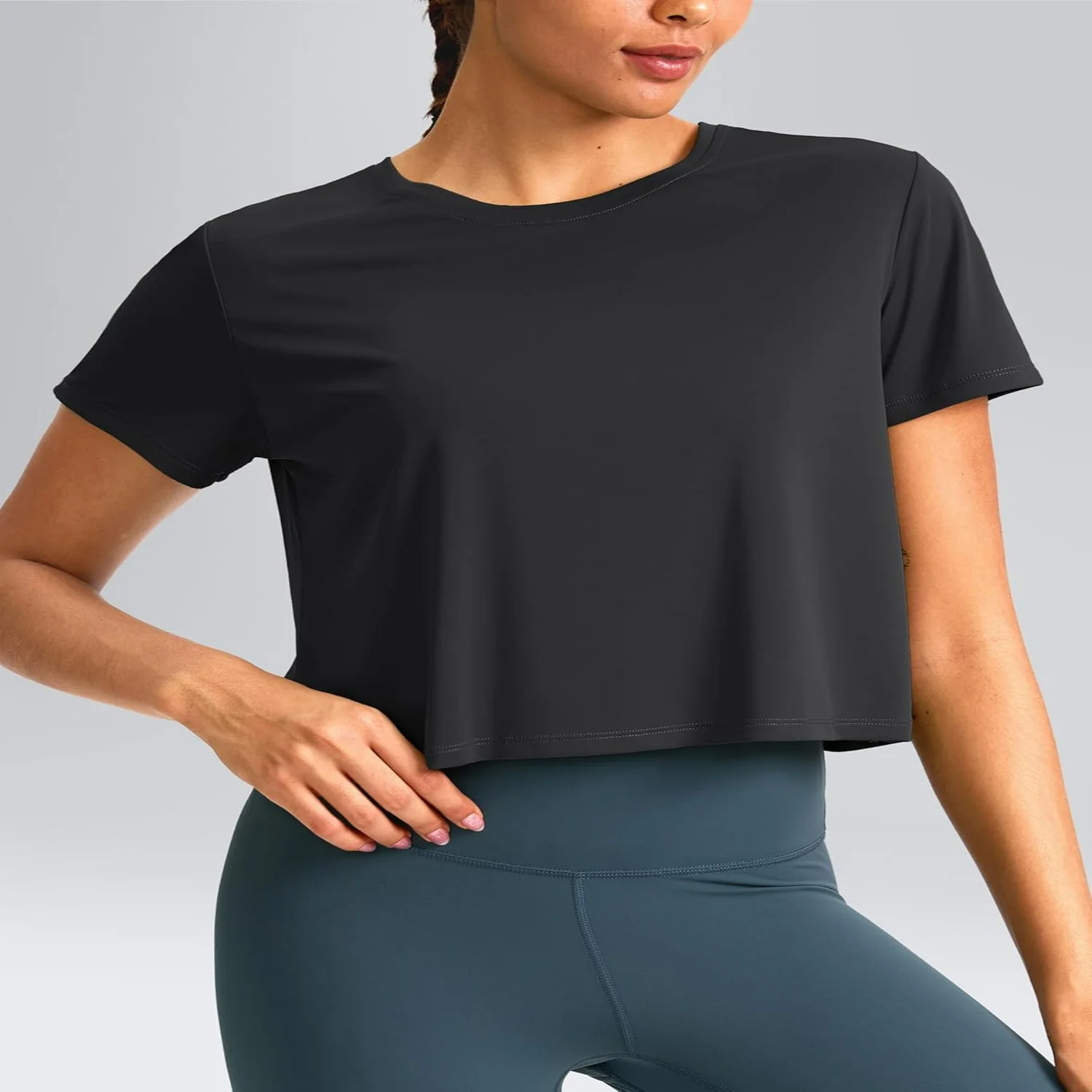 YYV Workout Tops for Women Crop Short Sleeve Shirts Loose Fit Athletic Gym  T-Shirts with Slit Back