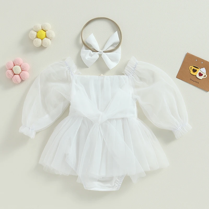 Lioraitiin 0-24M Newborn Baby Girl Romper Princess Infant Toddler Long Sleeve Tulle Jumpsuit + Bow Headband Fall Spring Outfits