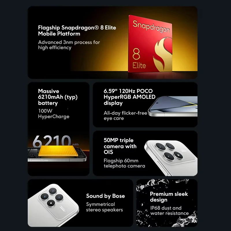 Teléfono Inteligente POCO F8 Pro 5G Versión Global Snapdragon ® 8 Elite Pantalla AMOLED HyperRGB de 6.59 Pulgadas y 120Hz, 6210mAh, NFC 3