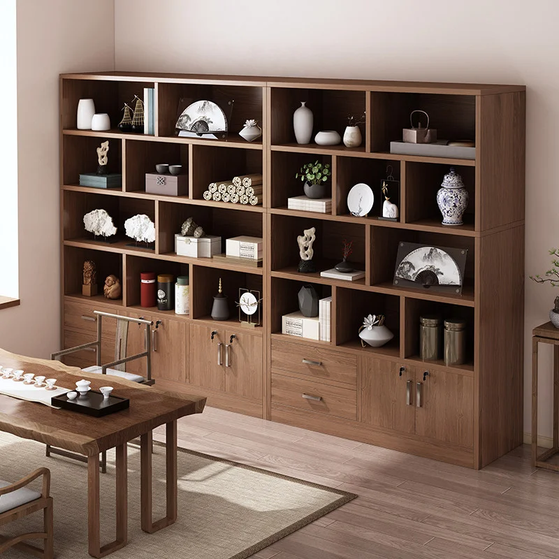 

Tea room Bogu shelf solid wood bookcase floor-to-ceiling tea set storage display tea cabinet integrated against the wall