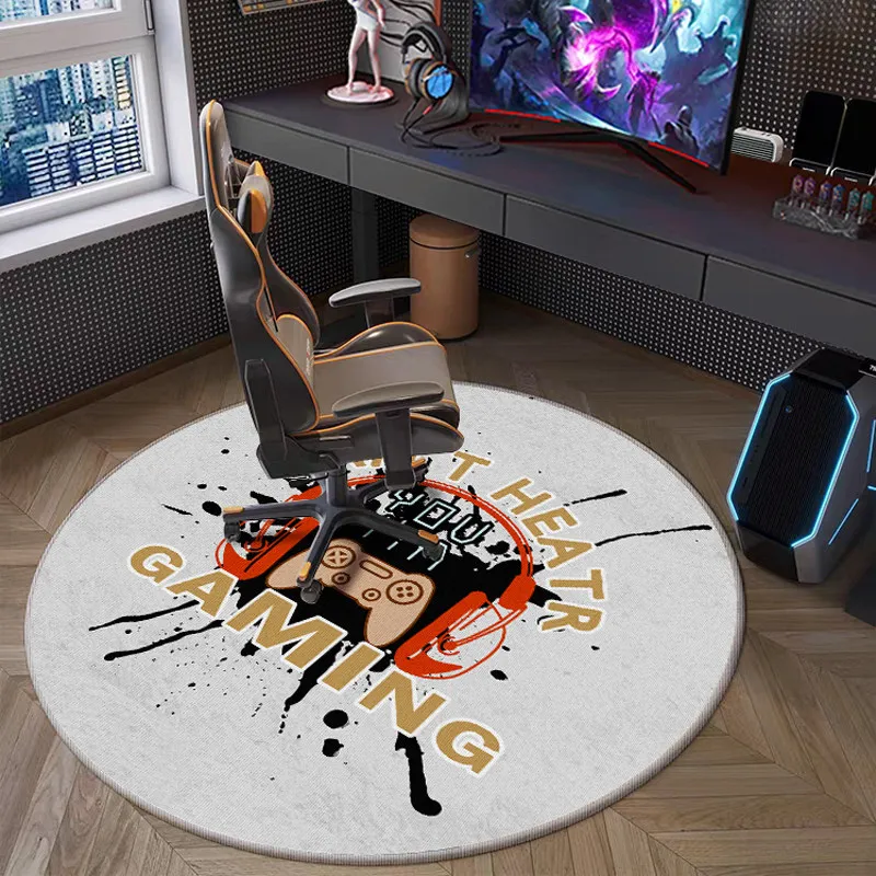 Retro Gaming Theme Headset Graphic Round Rug Industrial Splatter Art Desk Chair Mat