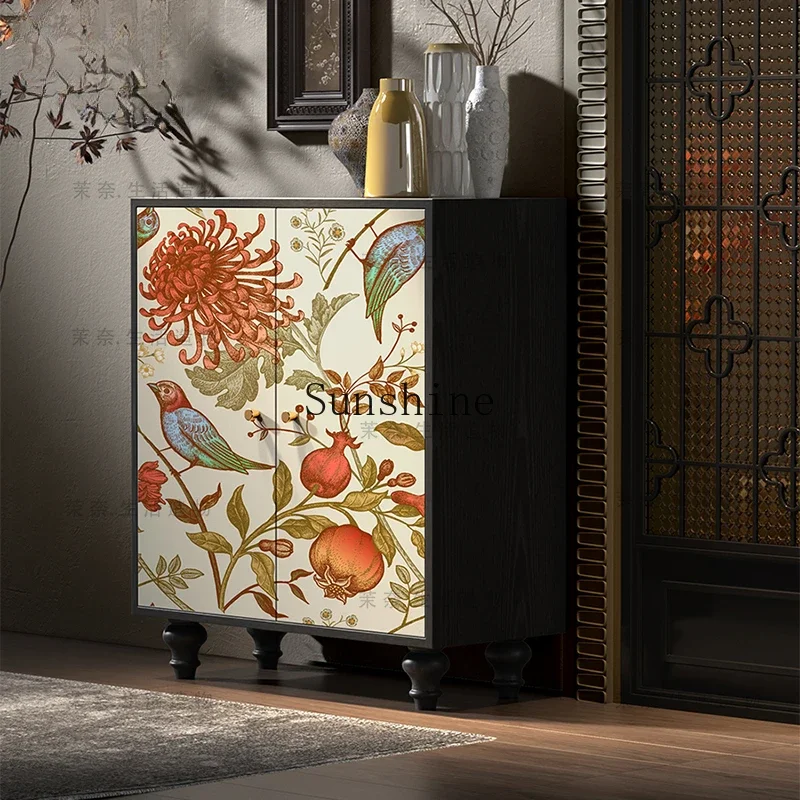 Medieval flower and bird picture retro shoe cabinet solid wood storage storage decorative cabinet